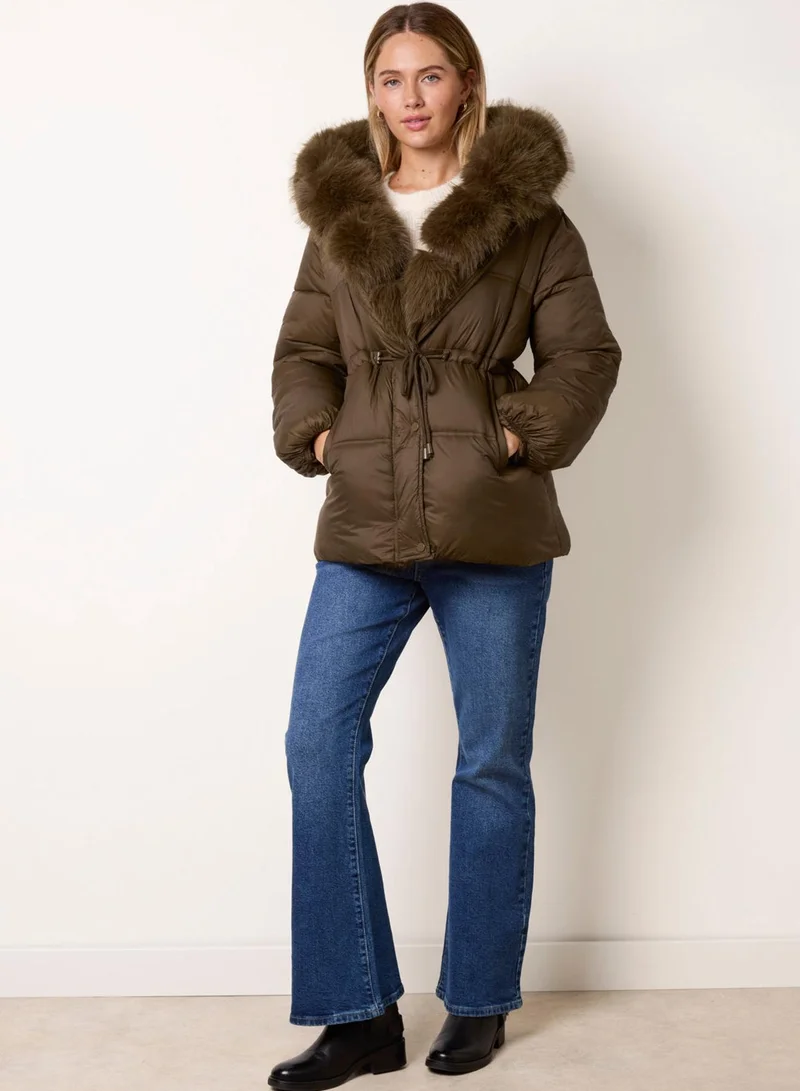 Blue Vanilla  Drawcord Waist Faux Fur Hooded Coat for Women | Best Price UAE