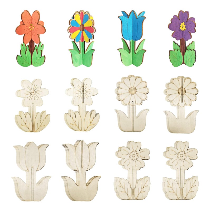 BENIMUS DIY 3D Flower Spring Wood Crafts to Paint, Spring Unfinished Wooden Slices for Craft, Flowers Ornaments for Painting Decorations (32 PCS) - Image 1