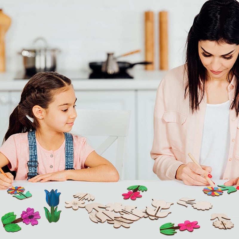 BENIMUS DIY 3D Flower Spring Wood Crafts to Paint, Spring Unfinished Wooden Slices for Craft, Flowers Ornaments for Painting Decorations (32 PCS) - Image 5