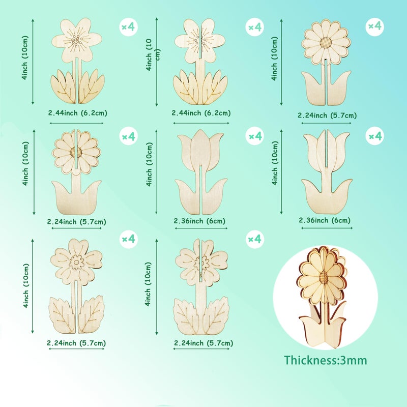 BENIMUS DIY 3D Flower Spring Wood Crafts to Paint, Spring Unfinished Wooden Slices for Craft, Flowers Ornaments for Painting Decorations (32 PCS) - Image 2