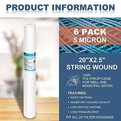 Membrane Solutions 5 Micron 2.5" OD x 20" Length Sediment Water Filter String Wound Polypropylene Cartridge for Whole House Filter Systems - 6 Pack - Image 3