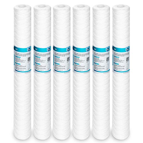 Membrane Solutions 5 Micron 2.5" OD x 20" Length Sediment Water Filter String Wound Polypropylene Cartridge for Whole House Filter Systems - 6 Pack - Image 1
