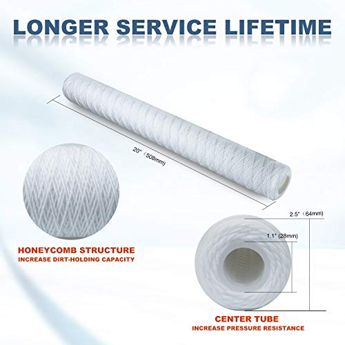 Membrane Solutions 5 Micron 2.5" OD x 20" Length Sediment Water Filter String Wound Polypropylene Cartridge for Whole House Filter Systems - 6 Pack - Image 4