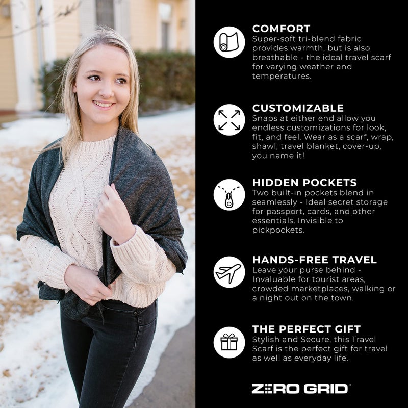 Zero Grid Infinity Travel Scarf Loop with Hidden Zipper Pockets for Passport, Phone, Cash, Cards - Converts to Blanket, Wrap, or Shawl - Image 2