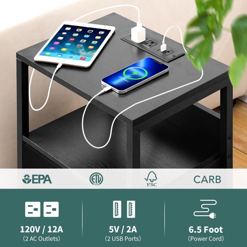 Yoobure Nightstand with Charging Station, Small Night Stand with Fabric Drawers and Storage Shelf for Bedrooms, Nightstands for Small Spaces, Bedside Table with USB Ports & Outlets Bed Side Table - Image 5