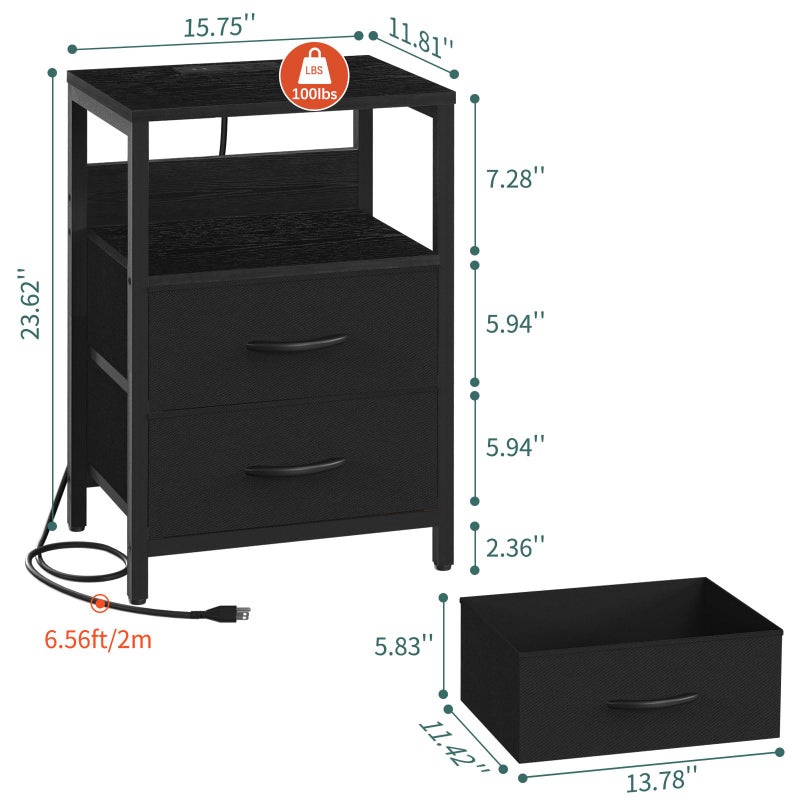 Yoobure Nightstand with Charging Station, Small Night Stand with Fabric Drawers and Storage Shelf for Bedrooms, Nightstands for Small Spaces, Bedside Table with USB Ports & Outlets Bed Side Table - Image 4