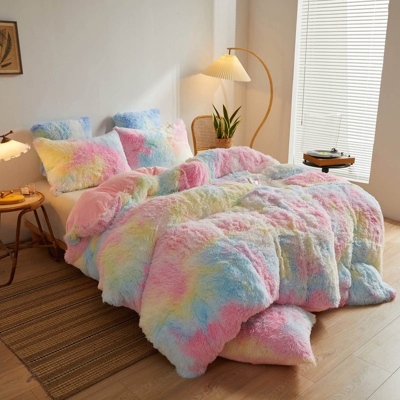 XeGe XeGe Rainbow Plush Faux Fur Duvet Cover Twin Size Tie Dye Print Shaggy Furry Comforter Cover Soft Colorful Fluffy Fuzzy Velvet Bedding with Zipper for Bedroom Teens Girls ChildrenTwin Rainbow 
