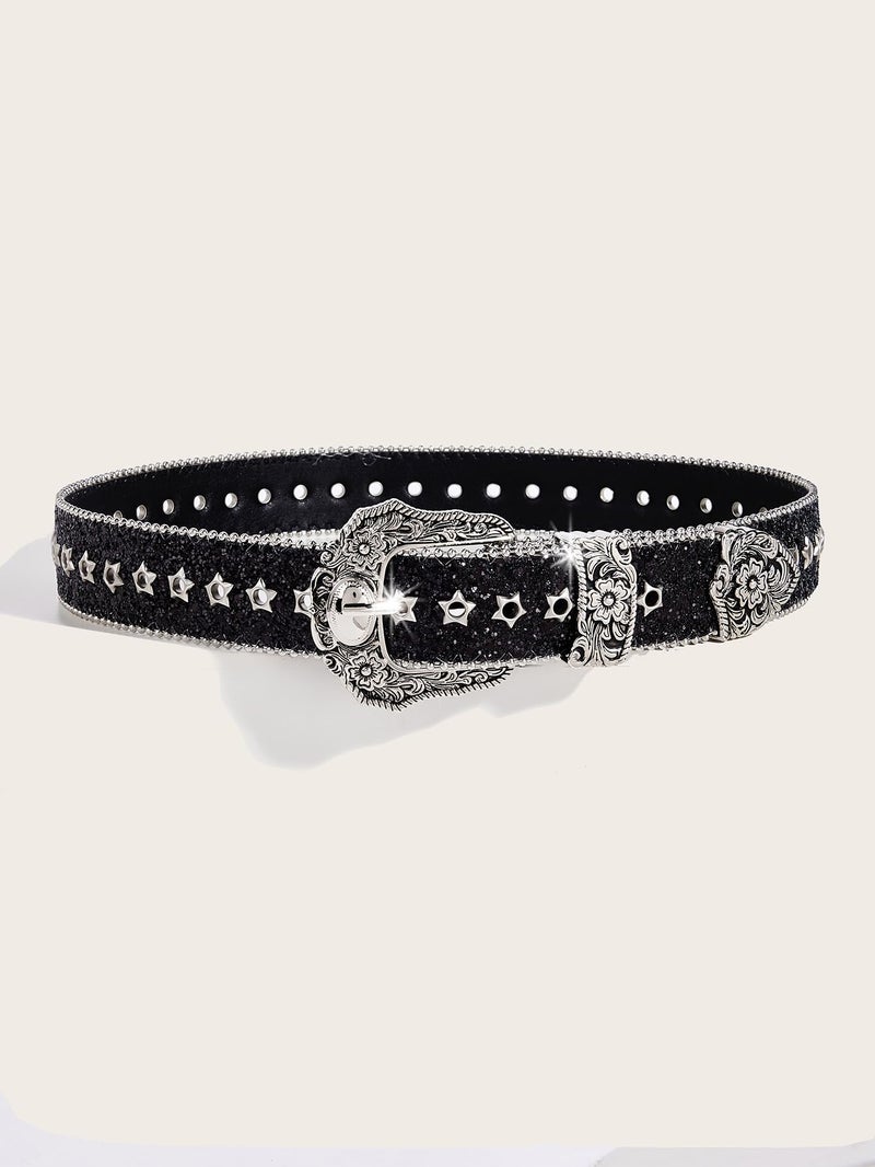 TYHOTULY Women Bling Rhinestone Belt Y2k Vintage Punk Goth Embossed Buckle Cowgirl Cowboy Western Star Belt Jeans Accessories (Black) - Image 2