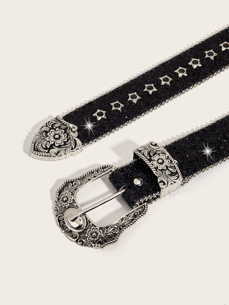 TYHOTULY Women Bling Rhinestone Belt Y2k Vintage Punk Goth Embossed Buckle Cowgirl Cowboy Western Star Belt Jeans Accessories (Black) - Image 3