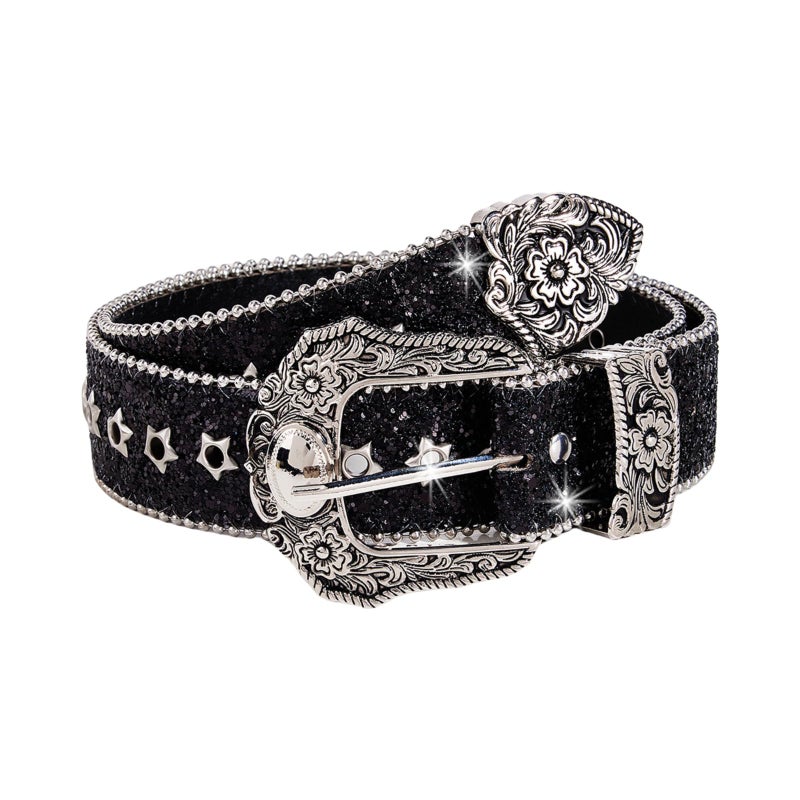 TYHOTULY Women Bling Rhinestone Belt Y2k Vintage Punk Goth Embossed Buckle Cowgirl Cowboy Western Star Belt Jeans Accessories (Black) - Image 1