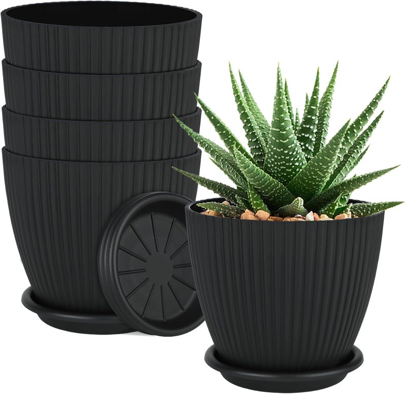 INKULTURE Plastic Round Flower Pots with Tray for Home Planters, Terrace, Garden Etc | Pack of 05 | Black | Size 6.5 Inch | for Home Indoor & Outdoor Gardening Plants - Image 1