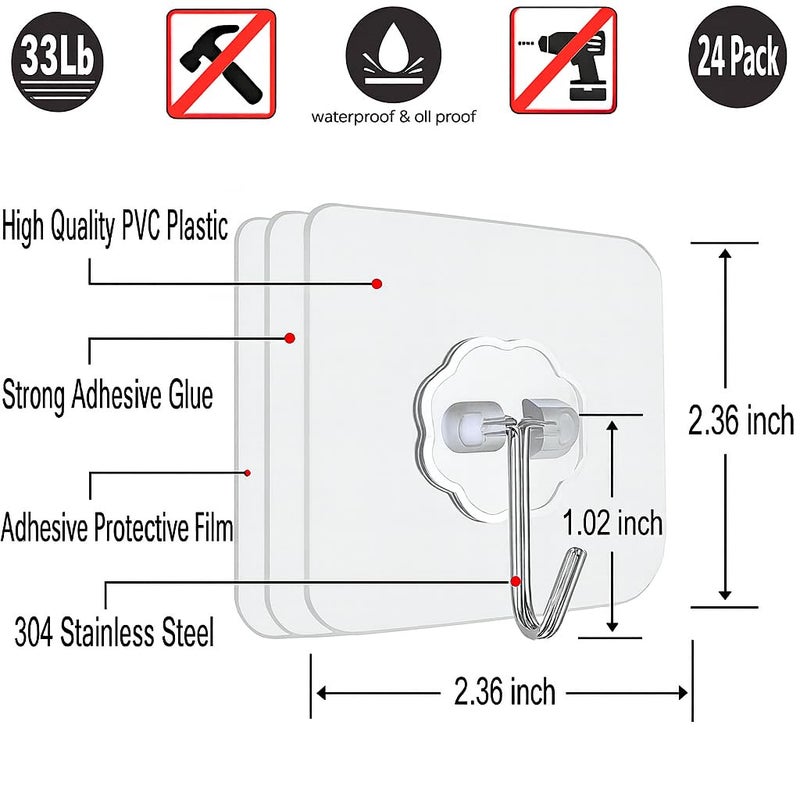 AmazOpen 24 PCS Self Adhesive Hooks for Hanging - 33lbs Max, Transparent Stick on Hooks for Coat & Towel - Sticky Hooks for Hanging Heavy Duty Picture, No Damage Wall Hook for Bathroom, Kitchen, Ceiling & Key - Image 2