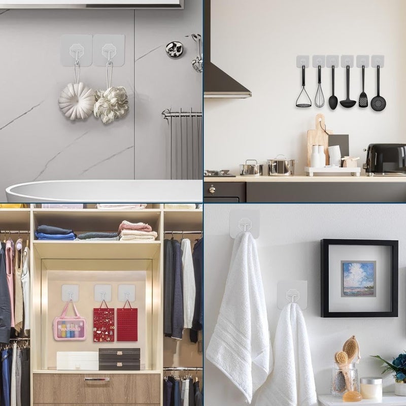 AmazOpen 24 PCS Self Adhesive Hooks for Hanging - 33lbs Max, Transparent Stick on Hooks for Coat & Towel - Sticky Hooks for Hanging Heavy Duty Picture, No Damage Wall Hook for Bathroom, Kitchen, Ceiling & Key - Image 3