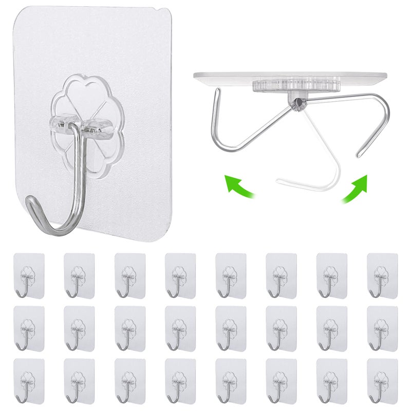 AmazOpen 24 PCS Self Adhesive Hooks for Hanging - 33lbs Max, Transparent Stick on Hooks for Coat & Towel - Sticky Hooks for Hanging Heavy Duty Picture, No Damage Wall Hook for Bathroom, Kitchen, Ceiling & Key - Image 1