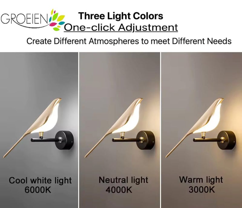 Groeien 12W | 3 Color Modern LED Golden Bird Wall Sconce Gold Wall Light for Bedroom Living Room Corridor Lighting Fixtures Wall Mount(Warm+Natural+Coolwhite)(Golden Bird, 1, Count) - Image 4