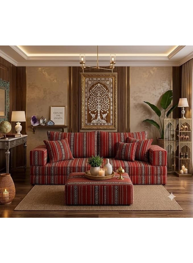 اكس بوت طقم كنبات أرضية عربي تقليدي مخطط باللون الأحمر مع عثمانية، بتصميم بوهيمي لغرفة المعيشة، مع طاولة إسفنجية. - Image 2