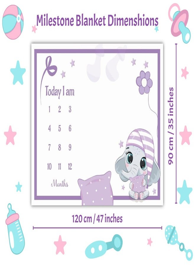 Hoolloomooloo Baby Milestone Blanket Pack of 2 | Purple Sleepy Elephant & Pink Floral Bow Elephant Design | Monthly Photoshoot Prop with 15 Cards & 1 Golden Ring per Blanket | 90x120 cm Fleece - Image 2