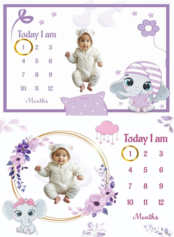 Hoolloomooloo Baby Milestone Blanket Pack of 2 | Purple Sleepy Elephant & Pink Floral Bow Elephant Design | Monthly Photoshoot Prop with 15 Cards & 1 Golden Ring per Blanket | 90x120 cm Fleece - Image 1