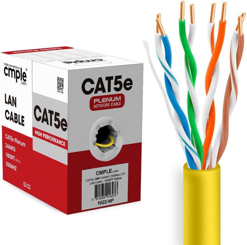 Cmple - Cat5e Plenum Cable 1000ft, CMP, Yellow, 350MHz Gigabit Ethernet Solid Network Internet Bulk UTP - Image 1