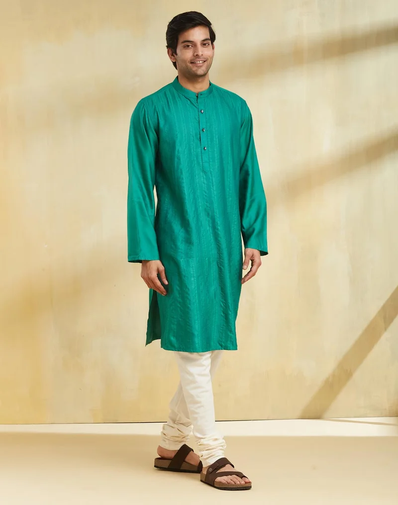 Fabindia Teal Viscose Silk Long Kurta