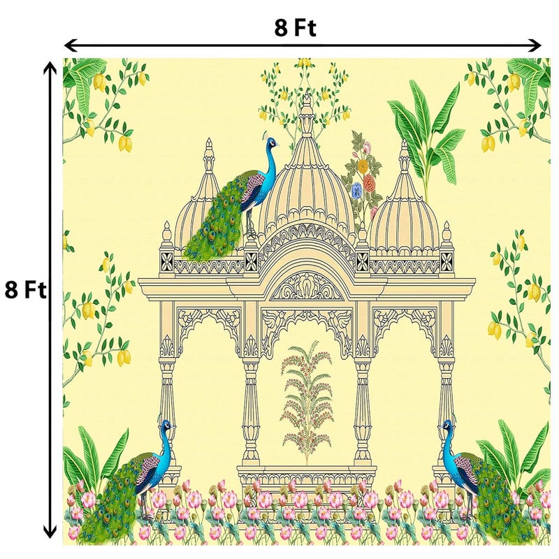DHARA CREATION Dhara Yellow Peacock Pooja Gate Art Printed 8FT8FT Backdrop Cloth for Pooja Decoration Traditional Background Curtain Cloth for Festival Washable Fabric - Image 2