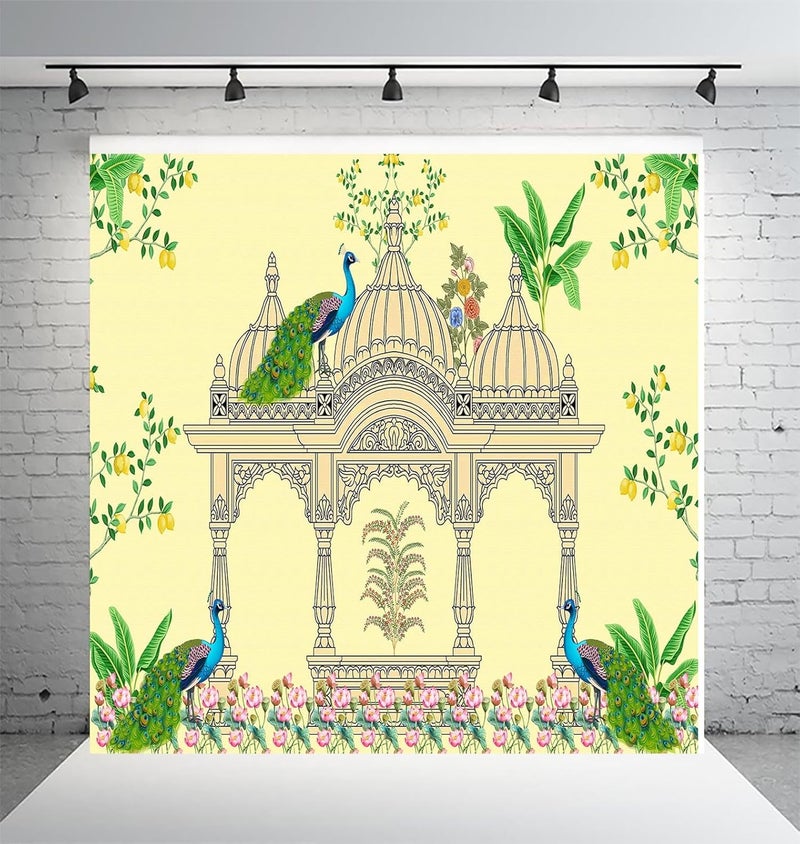 DHARA CREATION Dhara Yellow Peacock Pooja Gate Art Printed 8FT8FT Backdrop Cloth for Pooja Decoration Traditional Background Curtain Cloth for Festival Washable Fabric - Image 1