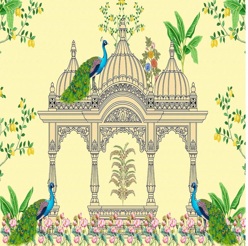 DHARA CREATION Dhara Yellow Peacock Pooja Gate Art Printed 8FT8FT Backdrop Cloth for Pooja Decoration Traditional Background Curtain Cloth for Festival Washable Fabric - Image 4