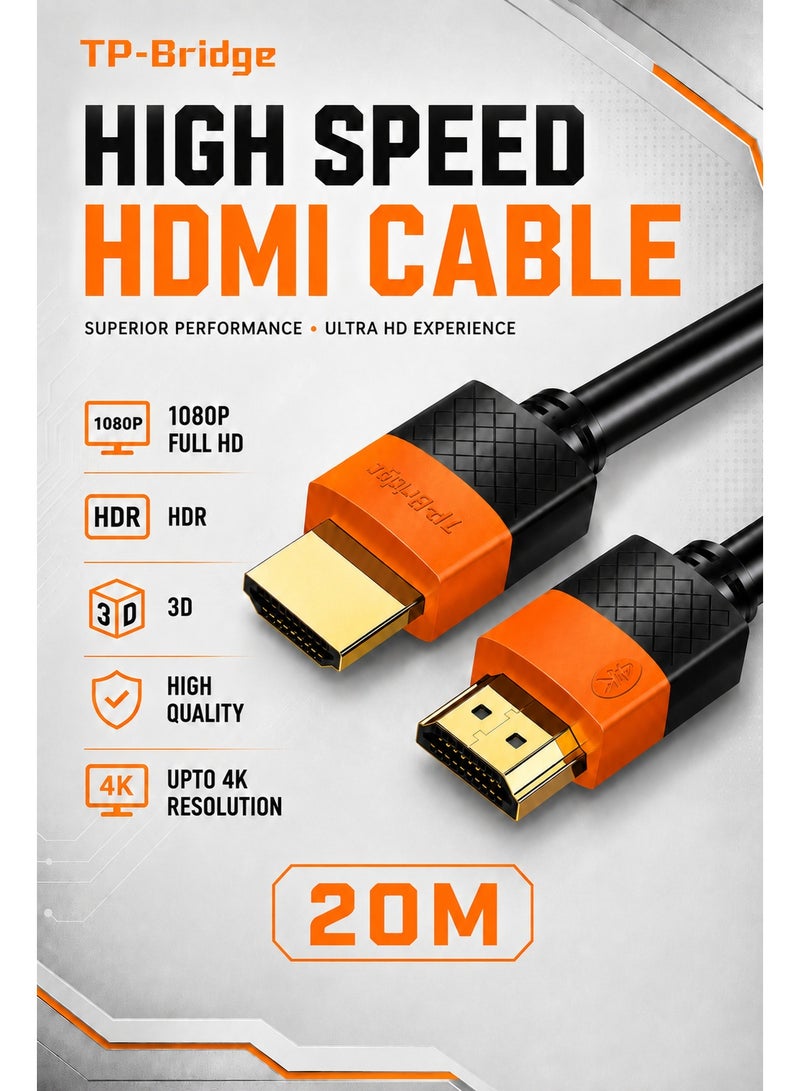 تي بي بردج كابل HDMI عالي السرعة بطول 20 متراً – يدعم دقة 1080P ومعدل تحديث 60 هرتز وتقنيات HDR وHDCP و3D؛ متوافق مع أجهزة التلفاز والشاشات وأجهزة الألعاب وأجهزة الكمبيوتر المحمولة. - Image 1