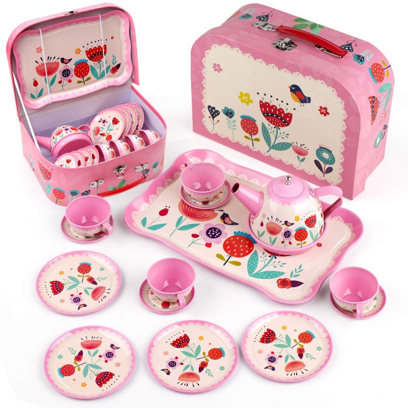 D-FantiX DFantiX Kids Tea Set for Little Girls 15Pcs Pink Tin Tea Party Set for Toddlers Afternoon Tea Time Playset with Metal Teapots Tea Cups Play Dishes Princess Toys Gifts with Carry Case - Image 3