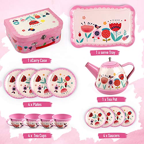 D-FantiX DFantiX Kids Tea Set for Little Girls 15Pcs Pink Tin Tea Party Set for Toddlers Afternoon Tea Time Playset with Metal Teapots Tea Cups Play Dishes Princess Toys Gifts with Carry Case - Image 5