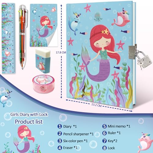 GINMLYDA Girls Diary with Lock Mermaid Secret Diary Set Incl Kids Lockable Journal Memo 6Multicolor Pen Ruler Eraser Sharpener Writing Notebook Gift for Girls 610 - Image 5