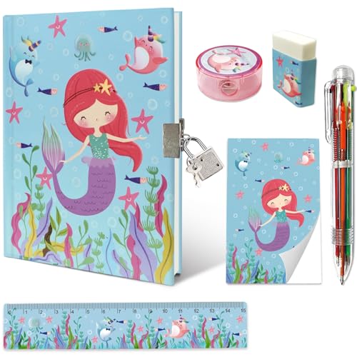 GINMLYDA Girls Diary with Lock Mermaid Secret Diary Set Incl Kids Lockable Journal Memo 6Multicolor Pen Ruler Eraser Sharpener Writing Notebook Gift for Girls 610 - Image 1