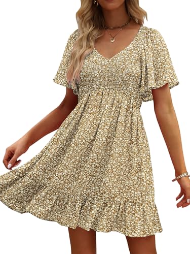 UEAL Modest Dresses for Women Short Casual Summer Boho Dresses for Women Sundresses Small Khaki Floral A - Image 1