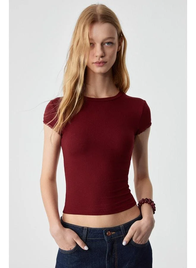 GRIMELANGE DULCE Women's Slim Fit Lace Short Sleeve Brick-Red T-Shirt.