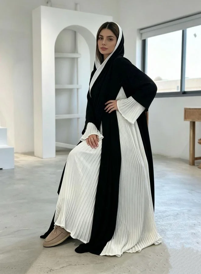 Take Two  Two Tone Pleated Abaya with Notch Lapel for Women | Best Price UAE