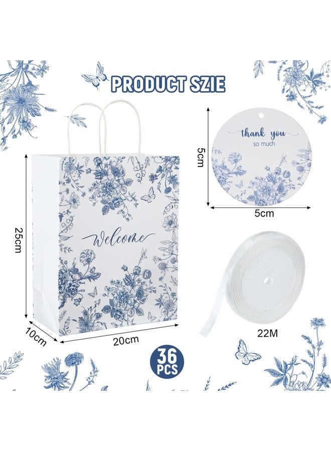 Queekay 36 Pcs Welcome Paper Gift Bags with Handle 9.8 x 7.8 x 4 Inches with 36 Tags Wedding Party Favor Bridal Gift Bags for Guests Birthday Baby Shower Party Favors (Blue Floral,Blue and White) - Image 2