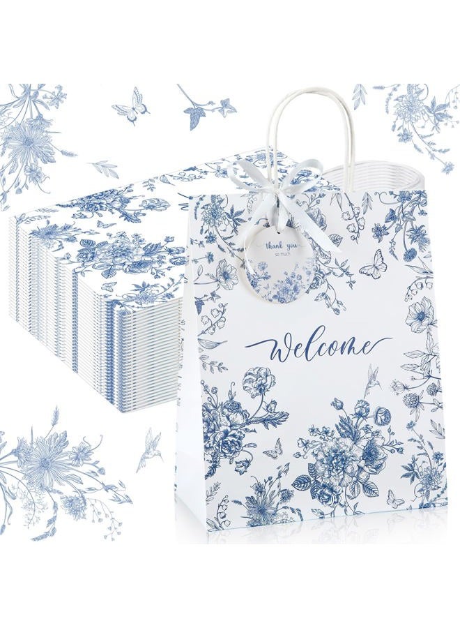 Queekay 36 Pcs Welcome Paper Gift Bags with Handle 9.8 x 7.8 x 4 Inches with 36 Tags Wedding Party Favor Bridal Gift Bags for Guests Birthday Baby Shower Party Favors (Blue Floral,Blue and White) - Image 1
