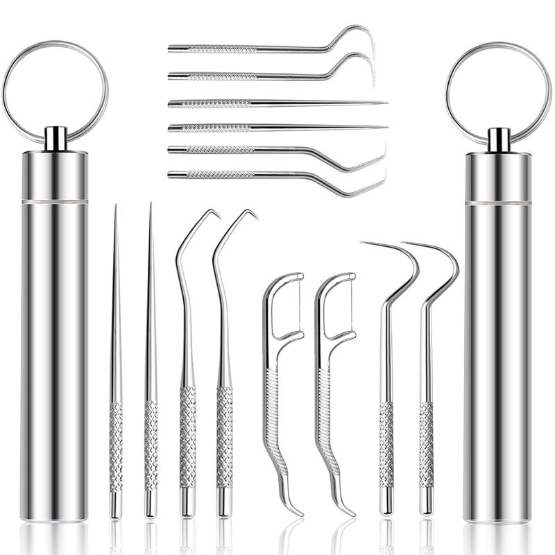BOWJETE 14 Pieces 2 Set Holders Portable Metal Toothpick Reusable Portable Stainless Steel Toothpicks Pocket Set with Holder for Outdoor Picnic Camping Traveling Toothpick Holder Titanium Toothpick - Image 1