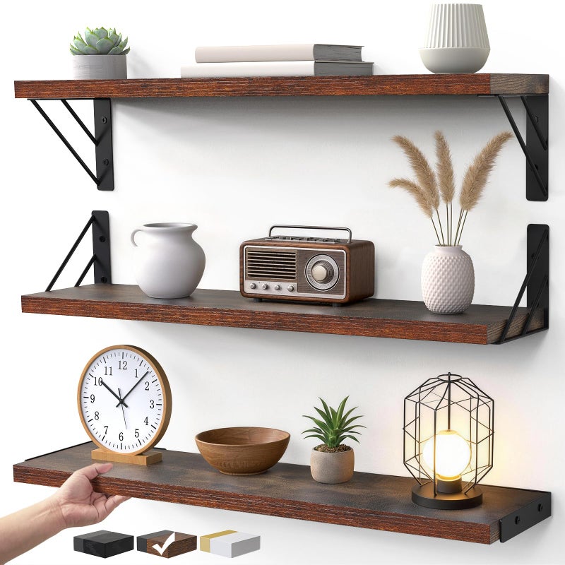 BAYKA 23-in Floating Wall Shelves, Rustic Wood Wall Shelves for Bedroom, Bathroom, Kitchen & Living Room, Display Shelf for Books, Plants & Decor (Rustic Brown) - Image 1