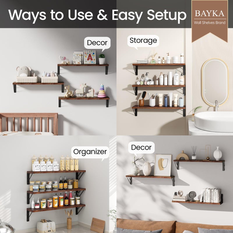 BAYKA 23-in Floating Wall Shelves, Rustic Wood Wall Shelves for Bedroom, Bathroom, Kitchen & Living Room, Display Shelf for Books, Plants & Decor (Rustic Brown) - Image 3