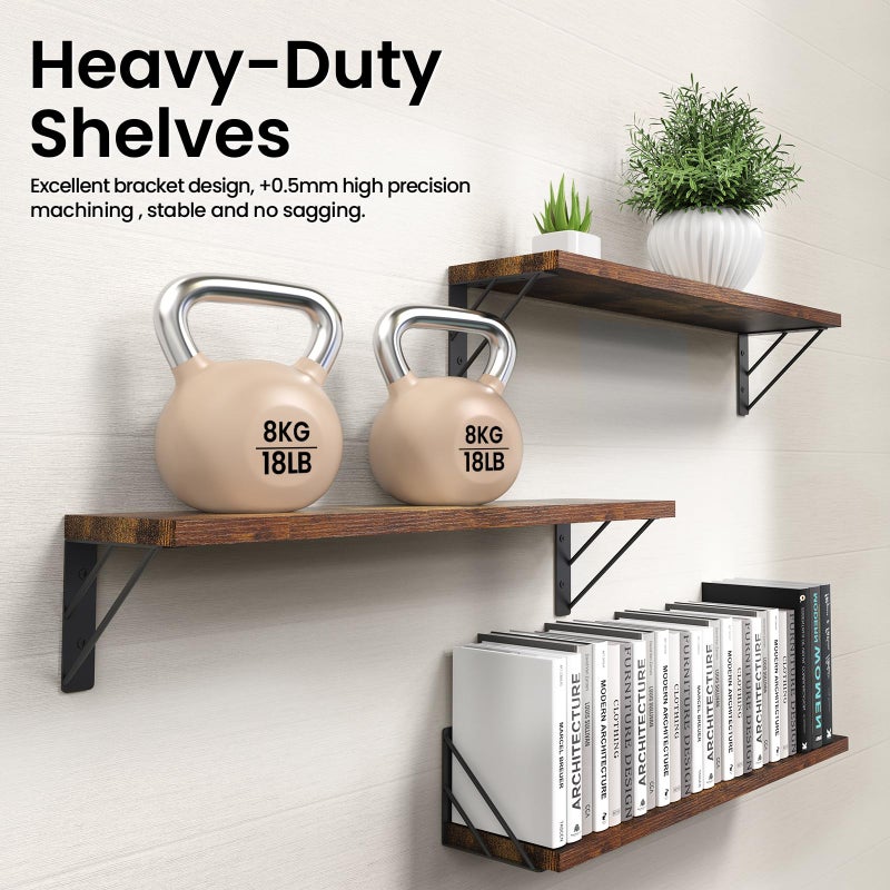 BAYKA 23-in Floating Wall Shelves, Rustic Wood Wall Shelves for Bedroom, Bathroom, Kitchen & Living Room, Display Shelf for Books, Plants & Decor (Rustic Brown) - Image 4
