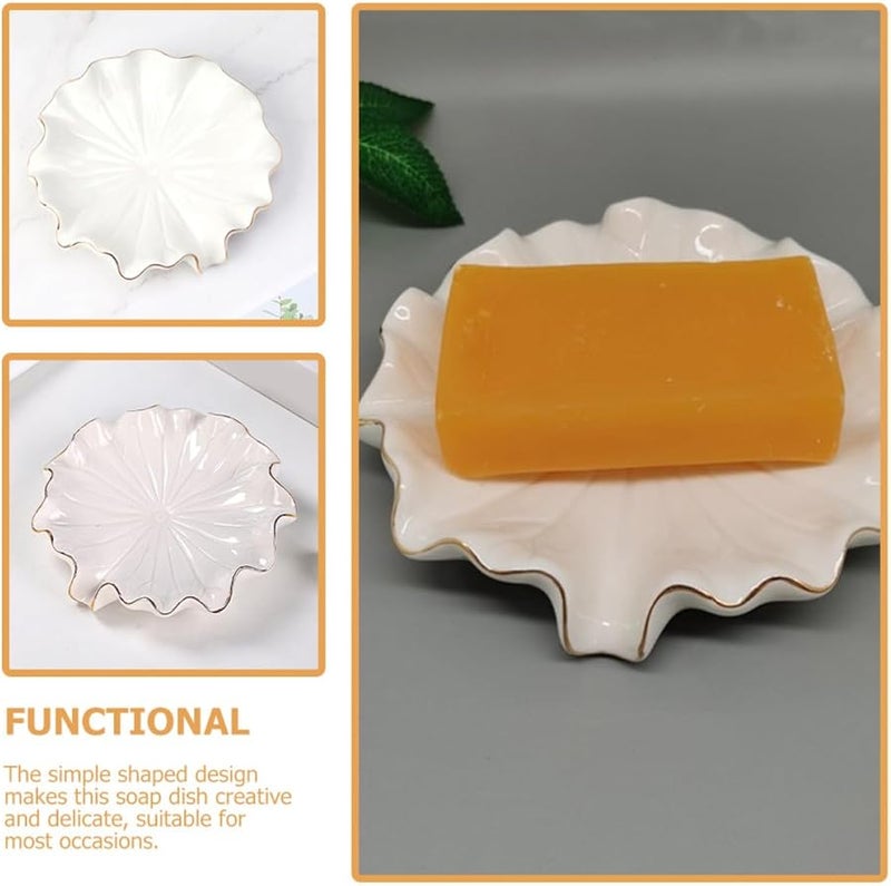 White Ceramic Soap Dish With Gold Rim Self Draining Leaf Shape Bathroom Accessory - Image 4