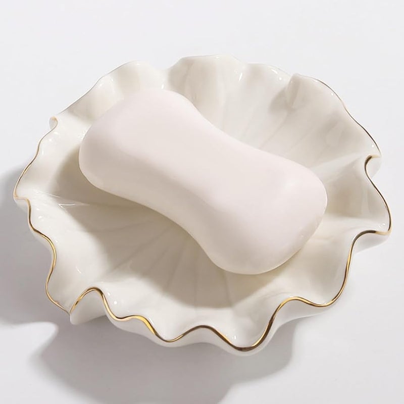 White Ceramic Soap Dish With Gold Rim Self Draining Leaf Shape Bathroom Accessory - Image 3