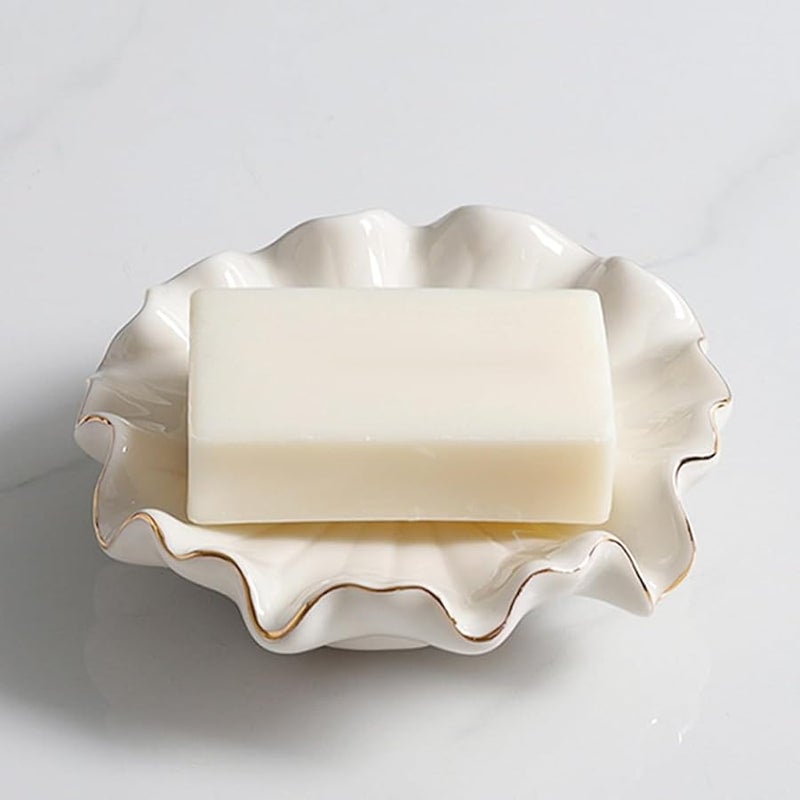 White Ceramic Soap Dish With Gold Rim Self Draining Leaf Shape Bathroom Accessory - Image 5