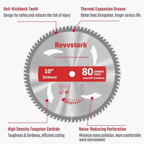 Revvstark 10 Inch Table Saw Blades TCT Circular Saw Blade 80T with 5/8" Arbor, Fine Finish Carbide Miter Saw Blades for Cutting Various Wood Fit Dewalt Craftsman Ryobi - Image 2