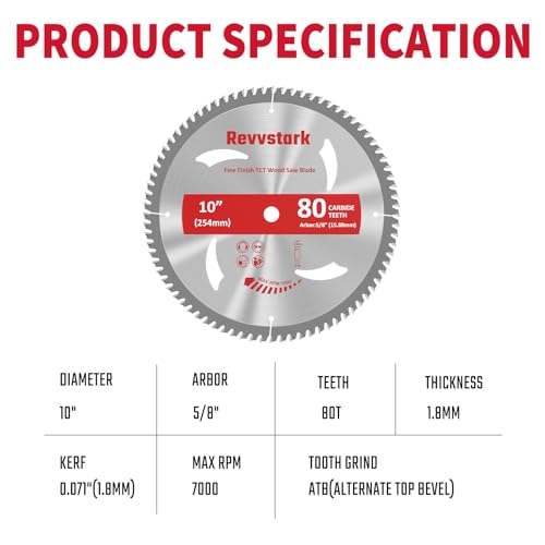 Revvstark 10 Inch Table Saw Blades TCT Circular Saw Blade 80T with 5/8" Arbor, Fine Finish Carbide Miter Saw Blades for Cutting Various Wood Fit Dewalt Craftsman Ryobi - Image 4