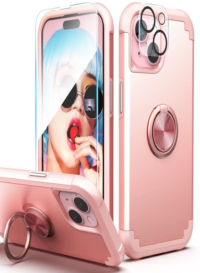 اي دي ويل جراب IDweel لهاتف iPhone 15 مع واقي شاشة + حامل حلقي 360 درجة + واقي عدسة الكاميرا، تصميم 2 في 1 مقاوم للصدمات، نحيف، هجين، متين، مصنوع من البولي كربونات الصلب، مع مصد من السيليكون الناعم، لون ذهبي وردي - Image 1