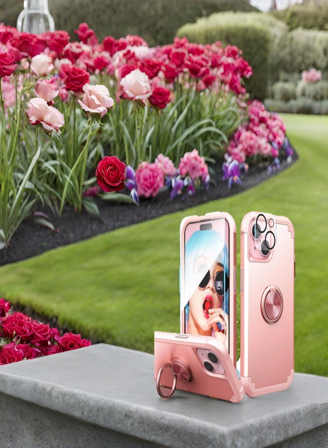 اي دي ويل جراب IDweel لهاتف iPhone 15 مع واقي شاشة + حامل حلقي 360 درجة + واقي عدسة الكاميرا، تصميم 2 في 1 مقاوم للصدمات، نحيف، هجين، متين، مصنوع من البولي كربونات الصلب، مع مصد من السيليكون الناعم، لون ذهبي وردي - Image 3