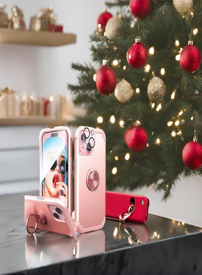 اي دي ويل جراب IDweel لهاتف iPhone 15 مع واقي شاشة + حامل حلقي 360 درجة + واقي عدسة الكاميرا، تصميم 2 في 1 مقاوم للصدمات، نحيف، هجين، متين، مصنوع من البولي كربونات الصلب، مع مصد من السيليكون الناعم، لون ذهبي وردي - Image 2