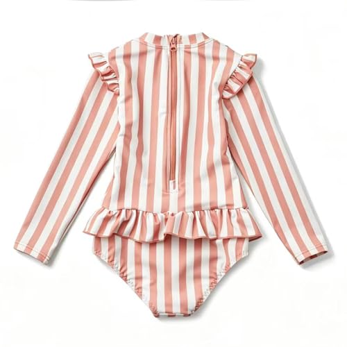 LDIOIF Toddler Girls One Piece Bathing Suit Pink Striped Swimsuit Zipper Long Sleeve Rash Guard Swimwear with Ruffle Hem 4-5T - Image 4